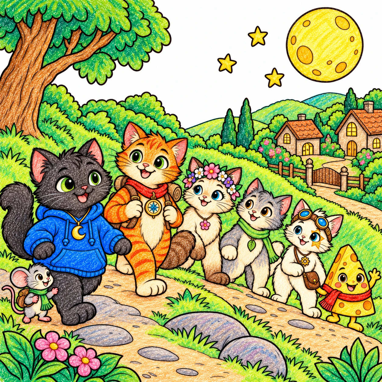 Scene 21 of Lunai and the Quiet Moon, “The Hill Above Meowelo”, colored with crayons